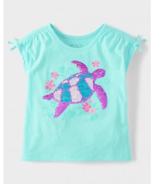 Childrens Place Girls Blue Seagrove Turtle Tie Sleeve Top